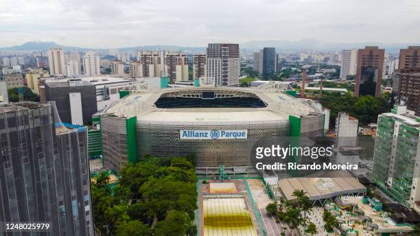 Aerial view of the Allianz Parque stadium before the match between Palmeiras and Sao Bernardo as part of Quarter Finals of Campeonato Paulista at...
