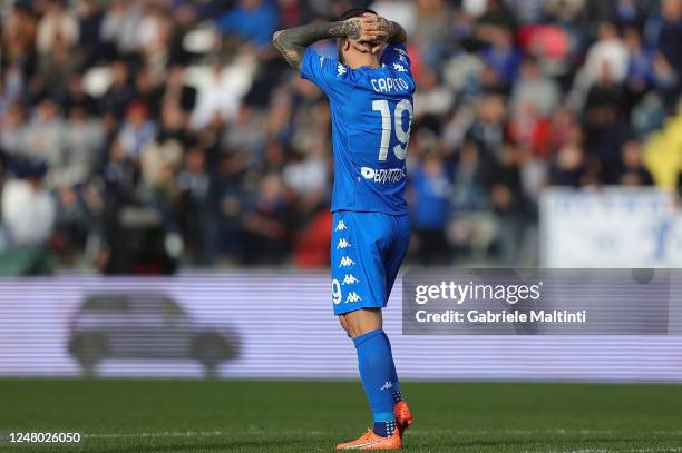 Francesco Caputo of Empoli FC reacts during the Serie A match between Empoli FC and Udinese Calcio at Stadio Carlo Castellani on March 11, 2023 in...