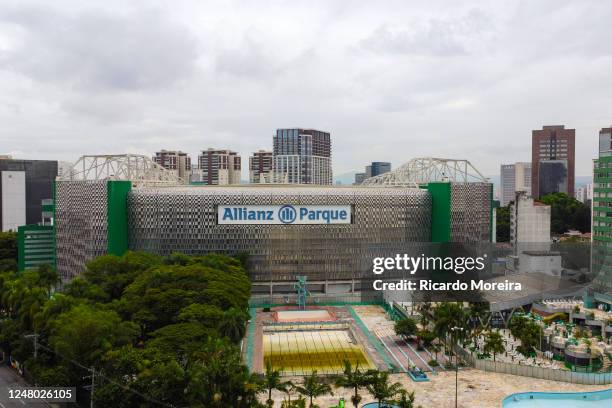 Aerial view of the Allianz Parque stadium before the match between Palmeiras and Sao Bernardo as part of Quarter Finals of Campeonato Paulista at...