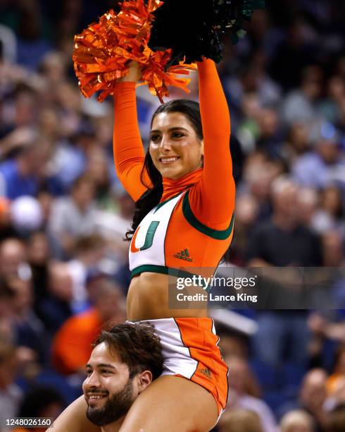Cheerleaders of the Miami Hurricanes perform during the second half against the Duke Blue Devils in the semifinals of the ACC Basketball Tournament...