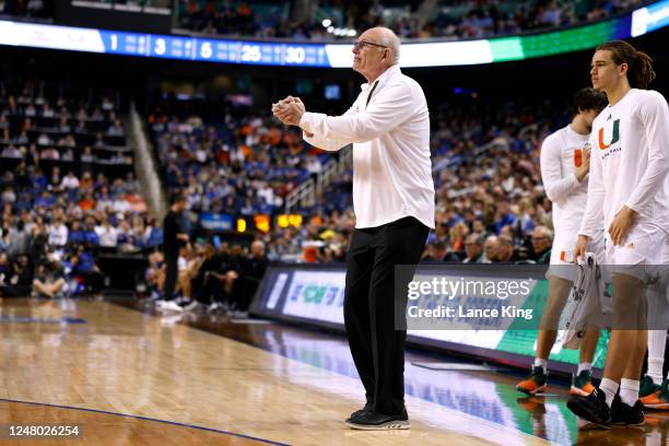 Head coach Jim Larranaga of the Miami Hurricanes directs his team against the Duke Blue Devils during the second half in the semifinals of the ACC...