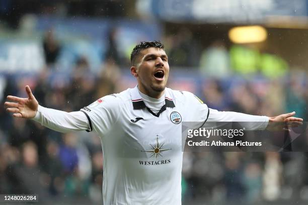 Joel Piroe of Swansea City of Swansea City celebrates his goal during the Sky Bet Championship match between Swansea City and Middlesbrough at the...