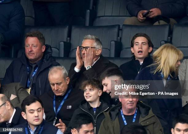 Gary Lineker and Angus Lineker react in the stands during the Premier League match at the King Power Stadium, Leicester. Picture date: Saturday March...