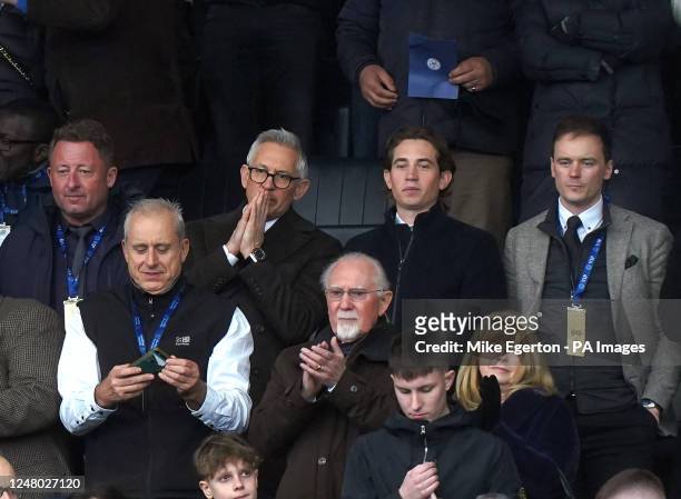 Gary Lineker and Angus Lineker react in the stands during the Premier League match at the King Power Stadium, Leicester. Picture date: Saturday March...