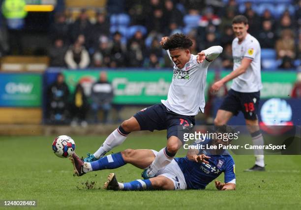 Bolton Wanderers' Shola Shoretire is fouled by Ipswich Town's Massimo Luongo during the Sky Bet League One between Bolton Wanderers and Ipswich Town...