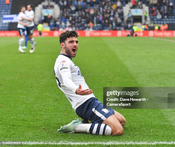 Preston North End's Thomas Cannon celebrates scoring his teams first goal during the Sky Bet Championship between Preston North End and Cardiff City...