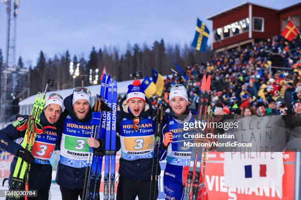 Oscar Lombardot of France, Antonin Guigonnat of France, Eric Perrot of France and Fabien Claude of France celebrate their second place in the Mens...
