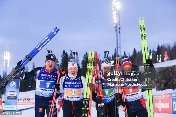 Vetle Sjaastad Christiansen of Norway, Johannes Dale of Norway, Vebjoern Soerum of Norway and Endre Stroemsheim of Norway celebrate Norways victory...