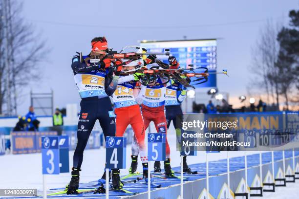 Philipp Nawrath of Germany, Trevor Kiers of Canada, David Komatz of Austria and Denys Nasyko of Ukraine compete during the Mens 4x7.5 km Relay at the...