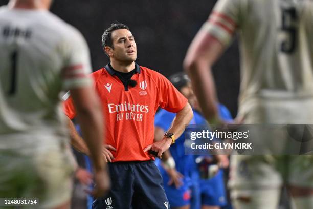 New Zealand referee Ben O'Keeffe makes a decision during the Six Nations international rugby union match between England and France at Twickenham...