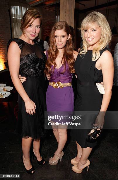 Actresses Lynn Collins, Kate Mara and Ari Gaynor attend the "Ten Year" dinner hosted by GREY GOOSE Vodka at Soho House Pop Up Club during the 2011...