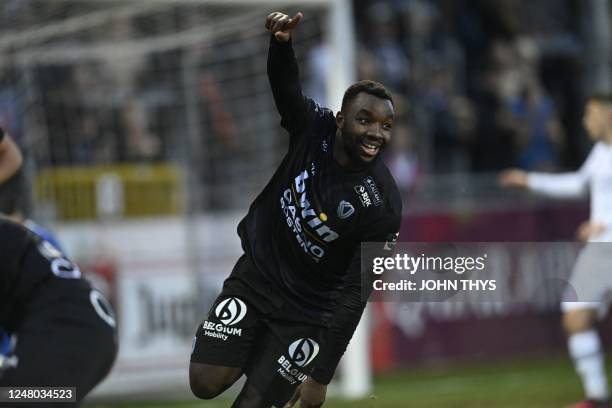 Oostende's Thierry Ambrose celebrates after scoring during a soccer match between KAS Eupen and KV Oostende, Saturday 11 March 2023 in Eupen, on day...
