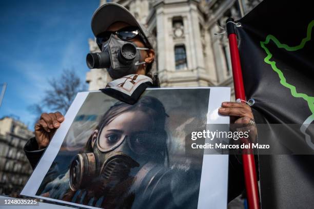 Woman holds a placard with a drawing of an Iranian student girl wearing a gas mask during a protest where the Iranian community in Madrid are...