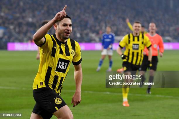 Raphael Guerreiro of Borussia Dortmund celebrates 1-2 during the German Bundesliga match between Schalke 04 v Borussia Dortmund at the Veltins Arena...