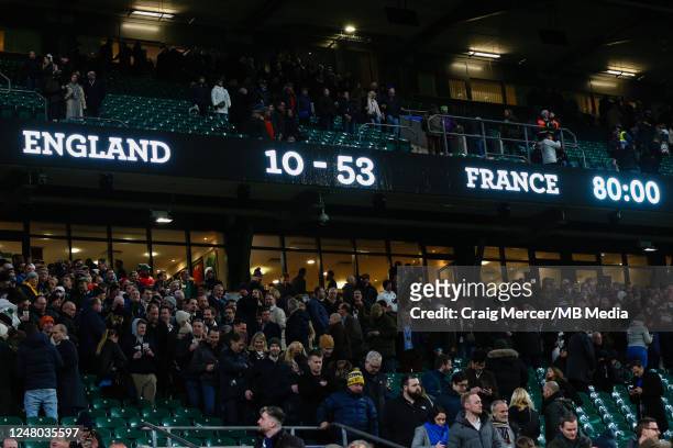 The scoreboard shows a record home defeat of 10-53 for England after the Guinness Six Nations Rugby match between England and France at Twickenham...