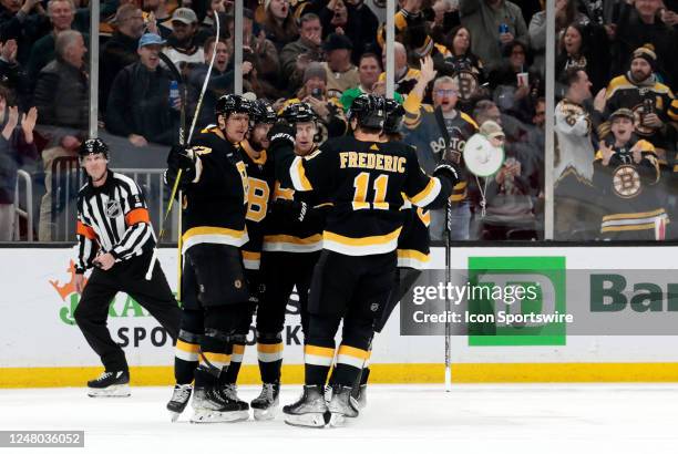 Boston Bruins defenseman Hampus Lindholm celebrates his goal with his teammates during a game between the Boston Bruins and the Detroit Red Wings on...