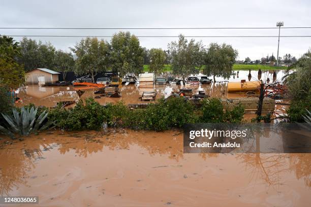 Vehicles are seen in flood during heavy rain in Springville, California on March 11, 2023 as atmospheric river storms hit California, United States.