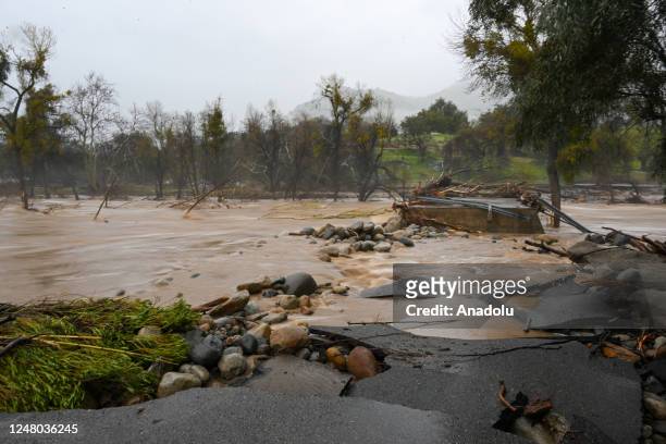 Road washed away during heavy rain in Springville, California on March 11, 2023 as atmospheric river storms hit California, United States.