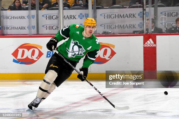 Evgeni Malkin of the Pittsburgh Penguins skates during warm ups before the game Philadelphia Flyers at PPG PAINTS Arena on March 11, 2023 in...