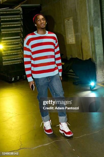 Immanuel Quickley of the New York Knicks arrives to the arena before the game against the LA Clippers on March 11, 2023 at Crypto.Com Arena in Los...