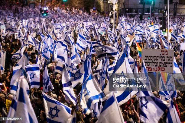 Tens of thousands of Israelis attend a massive protest against the government's judicial overhaul plan on March 11, 2023 in Tel Aviv, Israel. The...