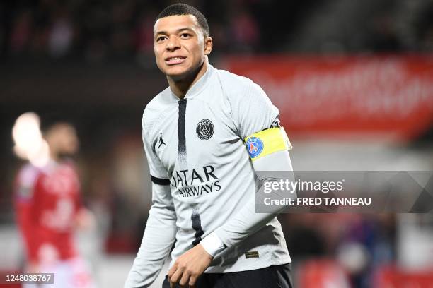 Paris Saint-Germain's French forward Kylian Mbappe reacts during the French L1 football match between Stade Brestois 29 and Paris Saint-Germain FC at...