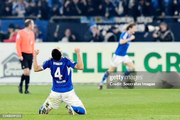 Maya Yoshida of Schalke 04 during the German Bundesliga match between Schalke 04 v Borussia Dortmund at the Veltins Arena on March 11, 2023 in...