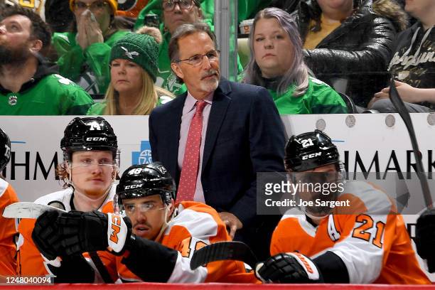 John Tortorella of the Philadelphia Flyers looks on against the Pittsburgh Penguins at PPG PAINTS Arena on March 11, 2023 in Pittsburgh, Pennsylvania.