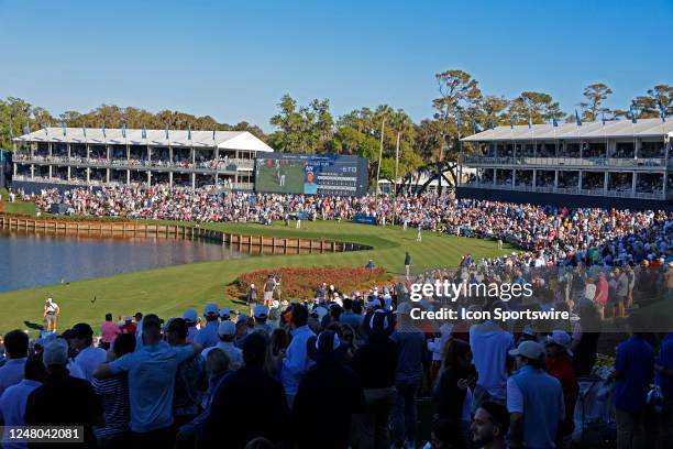 Wide angle view of PGA golfer Byeong Hun An playing the 17th hole par 3 with the island green on March 11 during the third round for THE PLAYERS...