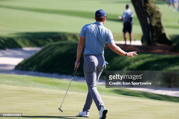 Golfer Will Gordon reacts to making a putt on the 9th hole on March 11 during the third round for THE PLAYERS Championship at TPC Sawgrass in Ponte...
