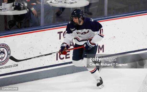 Matthew Wood of the UConn Huskies skates against the UMass Lowell River Hawks during NCAA men's hockey at the Toscano Family Ice Forum on March 11,...