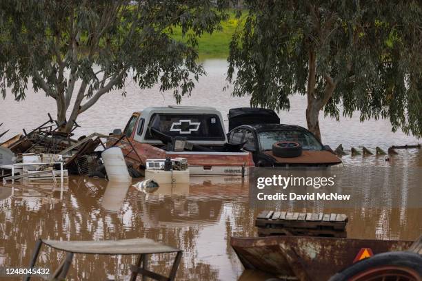 Flooded farm is seen on March 10, 2023 near Strathmore, California. Another in a series of atmospheric river storms from the Pacific Ocean has...