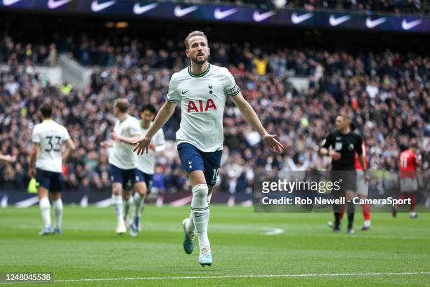 Tottenham Hotspur's Harry Kane celebrates scoring his side's first goal during the Premier League match between Tottenham Hotspur and Nottingham...