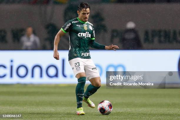 Raphael Veiga of Palmeiras kicks the ball during a match between Palmeiras and Sao Bernardo as part of Quarter Finals of Campeonato Paulista at...