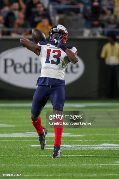 Houston Roughnecks wide receiver Jontre Kirklin passes the ball during the XFL football game between the Houston Roughnecks and the Orlando Guardians...