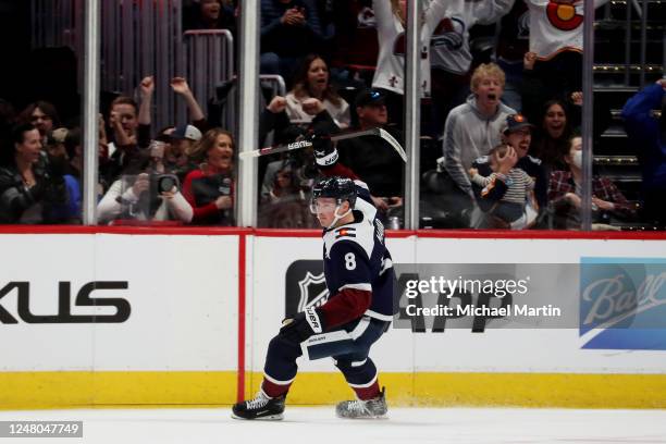 Cale Makar of the Colorado Avalanche celebrates the game-winning goal against the Arizona Coyotes at Ball Arena on March 11, 2022 in Denver,...