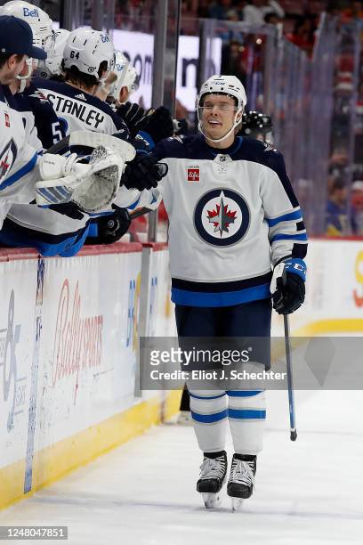 Vladislav Namestnikov of the Winnipeg Jets celebrates his goal with teammates during the first period against the Florida Panthers at the FLA Live...
