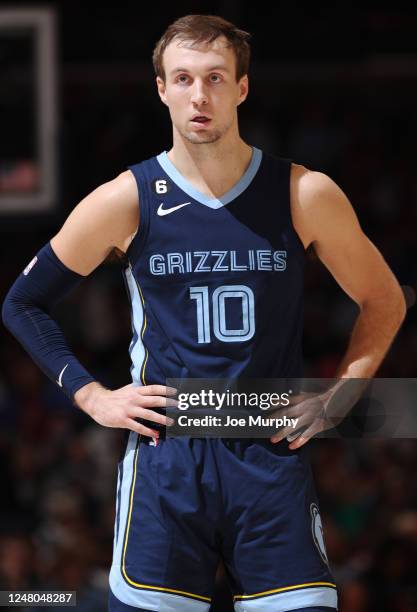 Luke Kennard of the Memphis Grizzlies looks on during the game against the Dallas Mavericks on March 11, 2023 at FedExForum in Memphis, Tennessee....