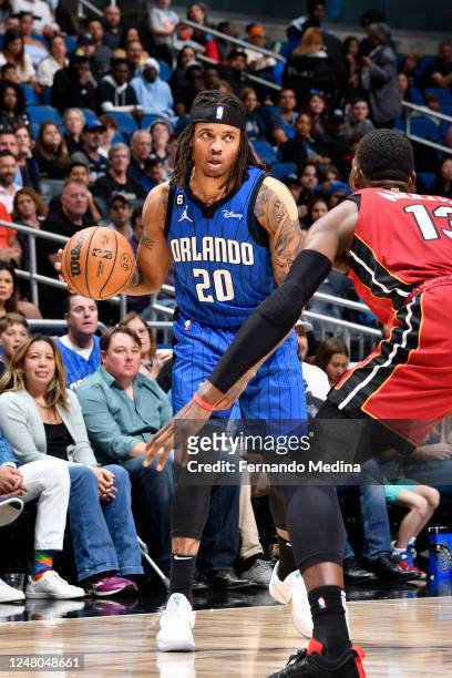Markelle Fultz of the Orlando Magic moves the ball during the game against the Miami Heat on March 11, 2023 at Amway Center in Orlando, Florida. NOTE...