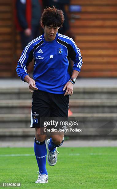 Heung Min Son is running during the training session of Hamburger SV on September 13, 2011 in Hamburg, Germany.