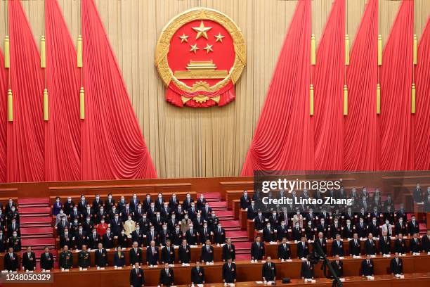 Chinese President Xi Jinping attends during the fifth plenary session of the National People's Congress on March 12, 2023 in Beijing, China. China's...