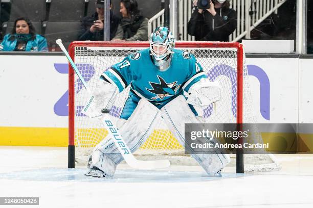 James Reimer of the San Jose Sharks takes reps during warm ups at SAP Center on March 11, 2023 in San Jose, California.