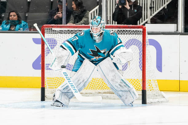 James Reimer of the San Jose Sharks takes reps during warm ups at SAP Center on March 11, 2023 in San Jose, California.
