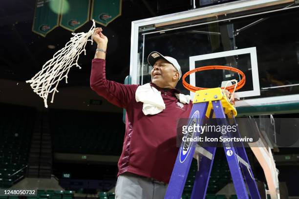 Texas Southern Tigers head coach Johnny Jones cuts down the net after the SWAC Basketball Championship game between the Texas Southern Tigers and the...