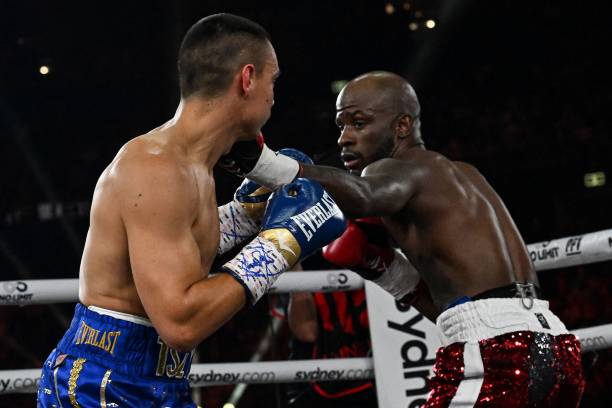 Australian boxer Tim Tszyu fights against USA's Tony Harrison during their WBO super welterweight world title bout at Qudos Bank Arena in Sydney on...