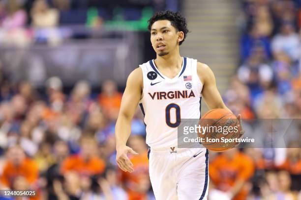 Kihei Clark of the Virginia Cavaliers brings the ball down the court during the ACC Championship against the Duke Blue Devils on March 11, 2023 at...