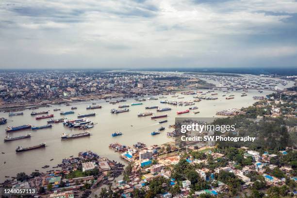 drone photo of cargo ships at chittagong port, chittagong, bangladesh - chittagong ストックフォトと画像