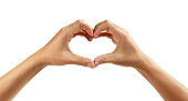 Female hands shaping a heart symbol on white background