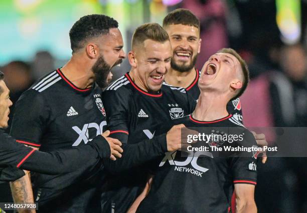 United midfielder Chris Durkin celebrates his game tying goal during second half action against Orlando City at Audi Field on March 11, 2023.