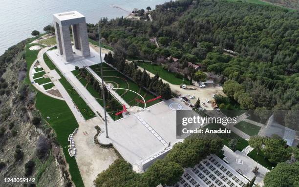 An aerial view of Canakkale Martyrs' Memorial as preparations of the 108th anniversary events on the Historical Gallipoli Peninsula continue in...